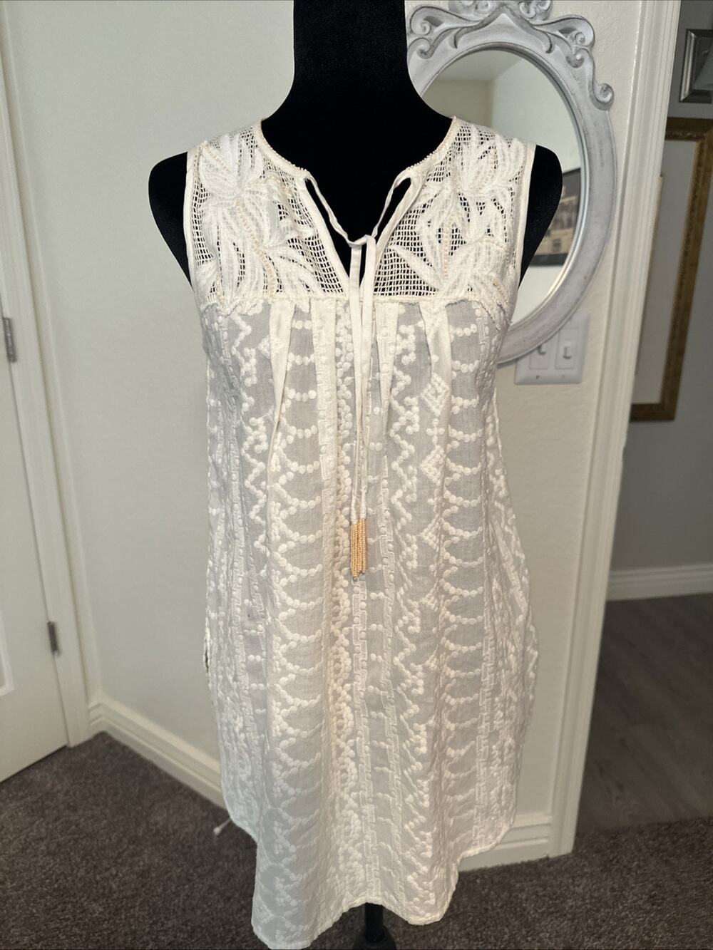 Anthropologie Boho Off White Beaded Tassels Sleeveless Top Size XS Tunic Beaded